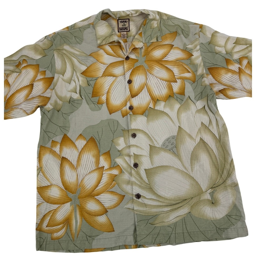 Tommy Bahama Hawaiian Silk Camp Shirt Mens Large Sage Green Lotus Floral Relax